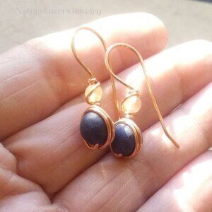 Blue Lapis Lazuli & Honey Agate! Short Wire Wrapped Handmade Dangle Earrings